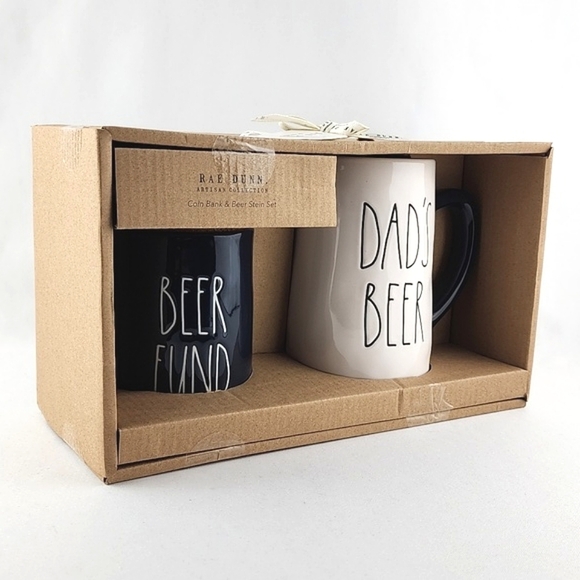 Rae Dunn Coin Bank "Beer Fund" & Beer Stein "Dad's Beer" 2 Piece Set Navy White - Picture 2 of 8